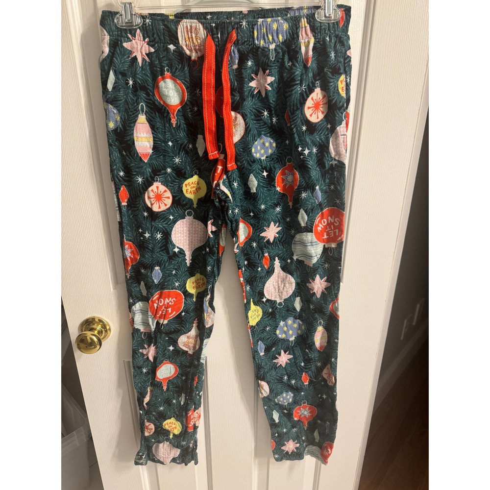 Old Navy Mens Medium Green Flannel Christmas Ornament Pajama Pants Drawstring